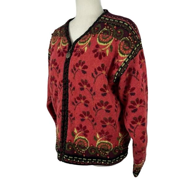 Icelandic Design Full Zip Jacket Wool 3D Knit Textured Floral Vintage Lined L - Picture 7 of 16